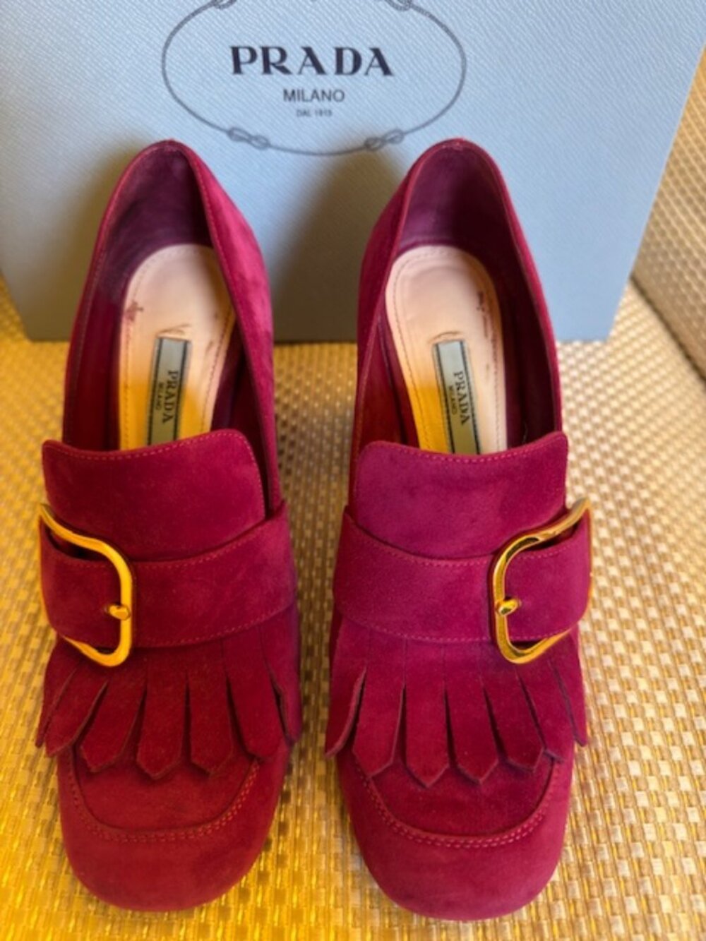 Prada Fuchsia Suede Kiltie Fringe Block Heel Loafer Pumps, size 7